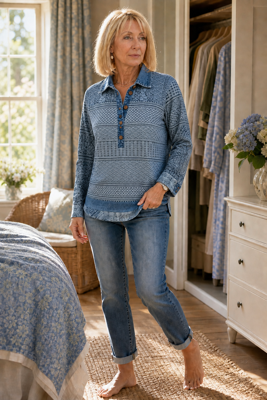 Layerlyn – Blus dzianinowa z denimu w patchworkowym wzorze