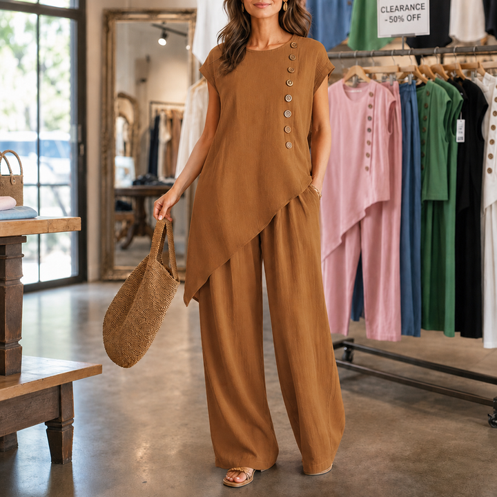 Wearbella – Asymetryczna blus z nierównym dołem i set byxor w luźnym kroju