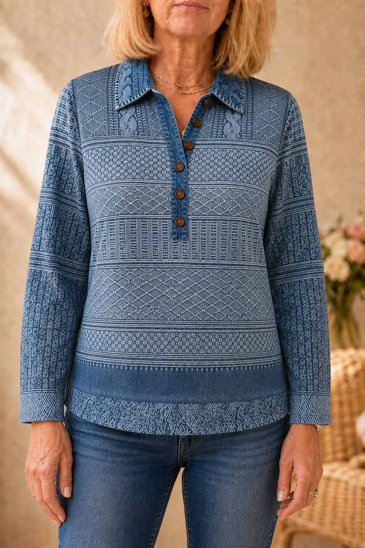 Layerlyn – Blus dzianinowa z denimu w patchworkowym wzorze
