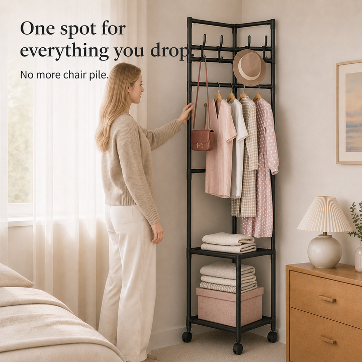 Nookstand – Ställ på ubrania oszczędzający plats z półką i hakami