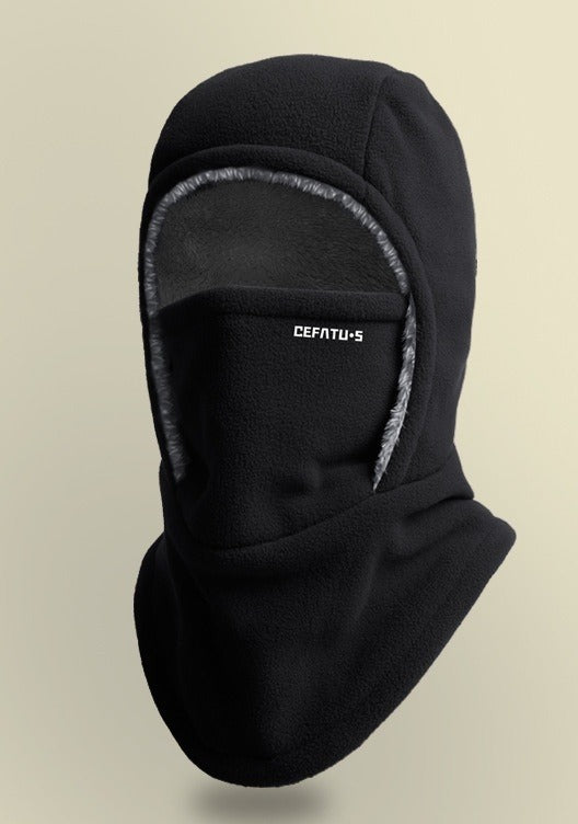Fleecehuva med nedfällbart ansiktsskydd