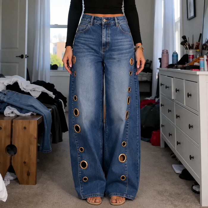 Velmora – Jeans z vida ben z mosiężnymi oczkami efter bokach, Hög stan