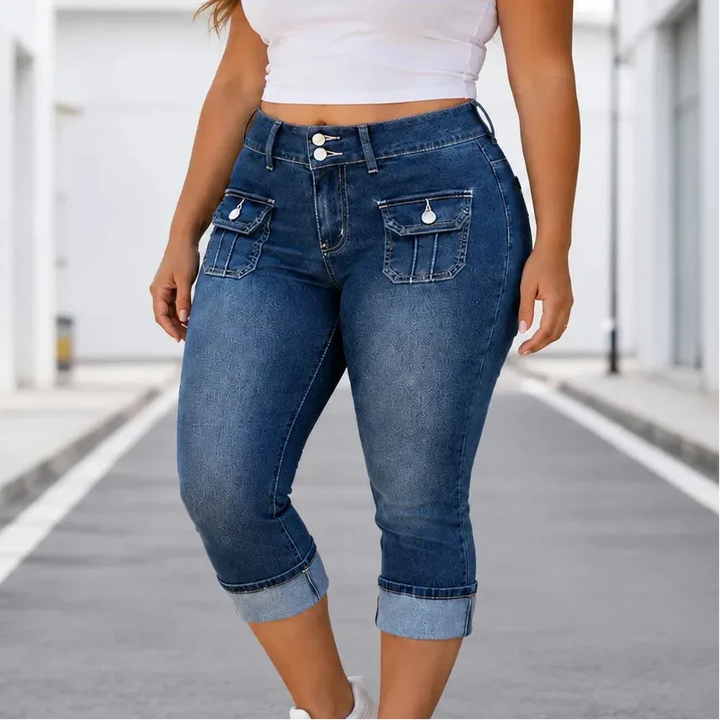 Curvella – Jeans Capri w krągłym kroju, elastiska hur dżins, średni stan, z mankietem
