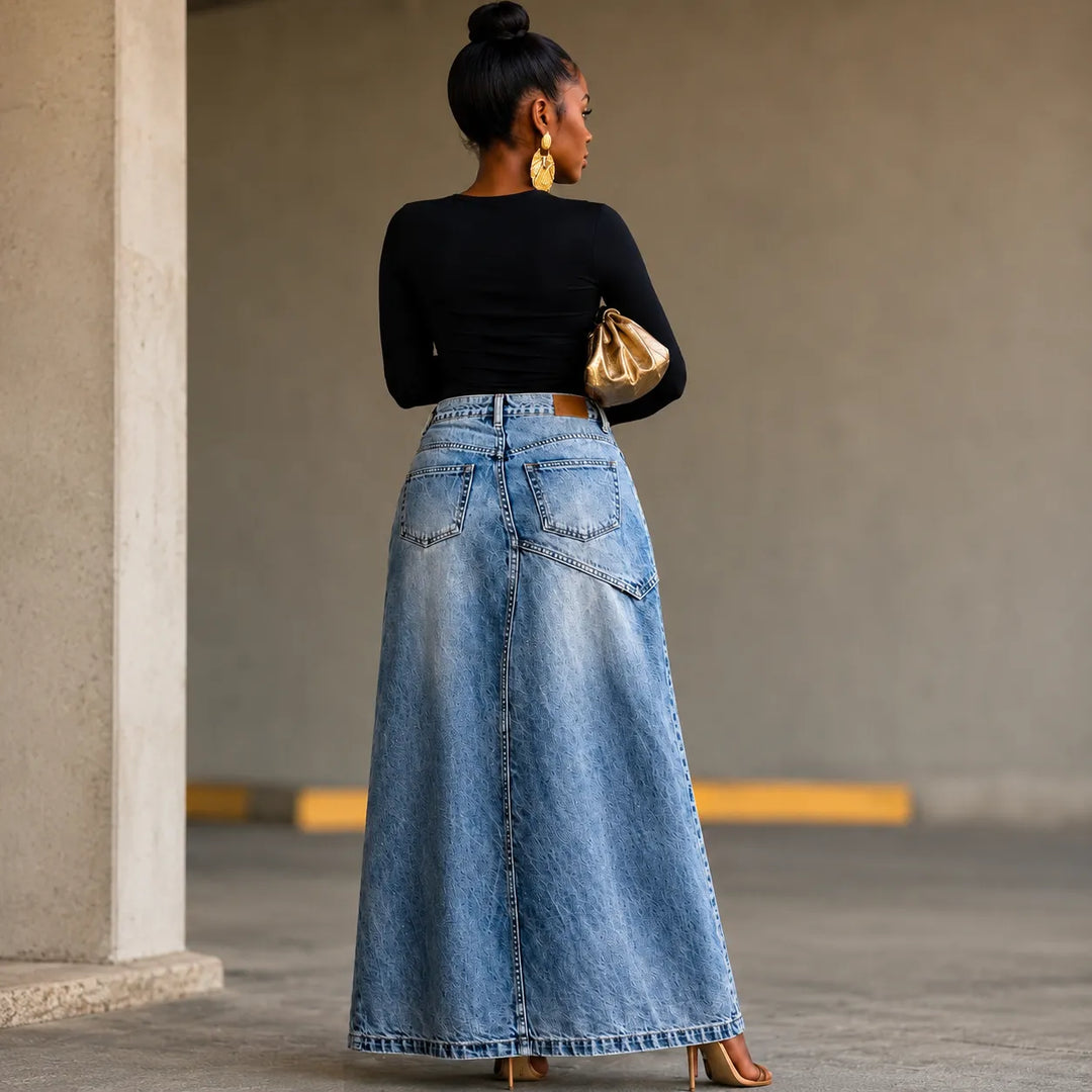 Saviera – Asymetryczna Kjol Maxi z Denimu z Hög Rozcięciem framtill