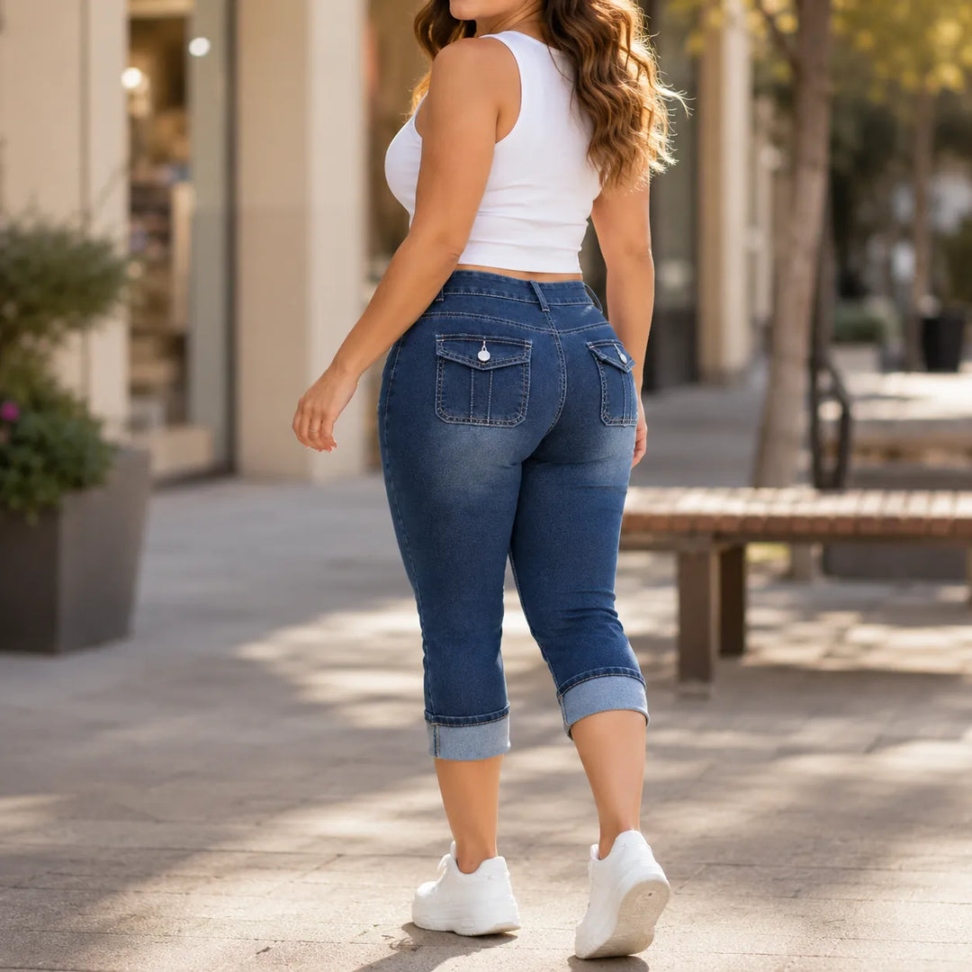 Curvella – Jeans Capri w krągłym kroju, elastiska hur dżins, średni stan, z mankietem