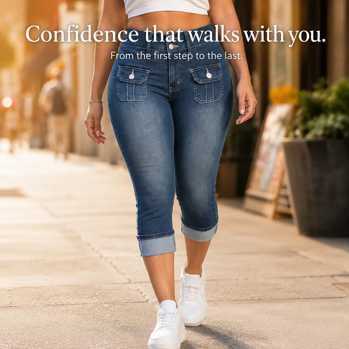 Curvella – Jeans Capri w krągłym kroju, elastiska hur dżins, średni stan, z mankietem