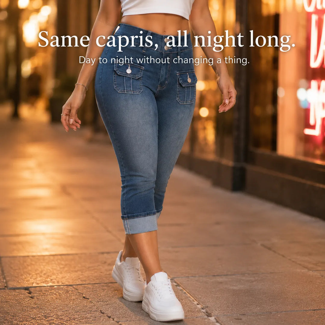 Curvella – Jeans Capri w krągłym kroju, elastiska hur dżins, średni stan, z mankietem