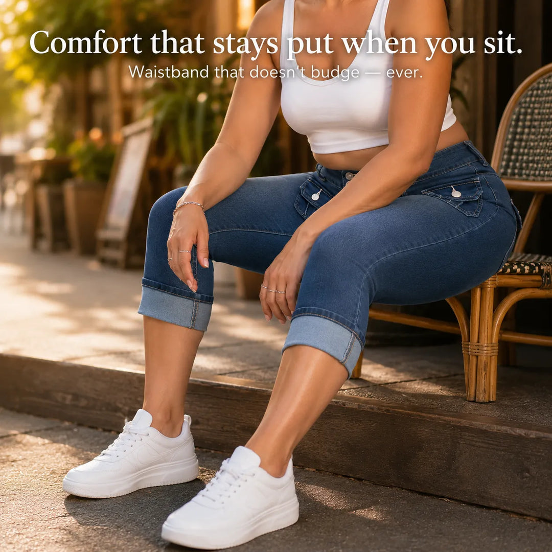 Curvella – Jeans Capri w krągłym kroju, elastiska hur dżins, średni stan, z mankietem