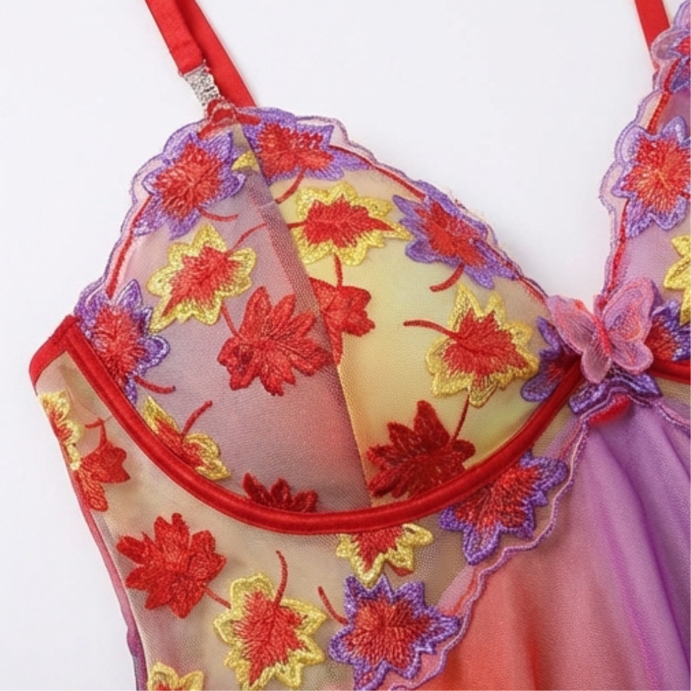 Floressa – Dam broderad natt skjorta babydoll z kwiatowym wzorem