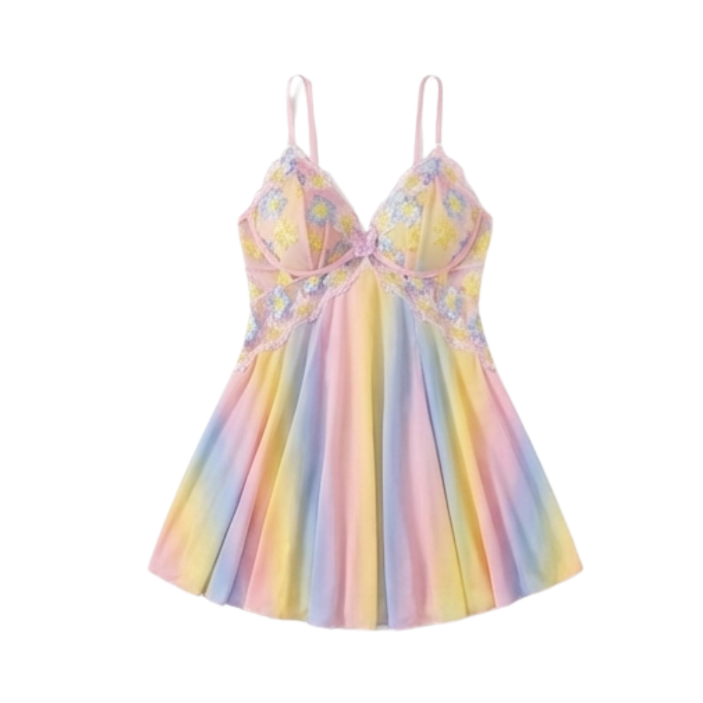 Floressa – Dam broderad natt skjorta babydoll z kwiatowym wzorem