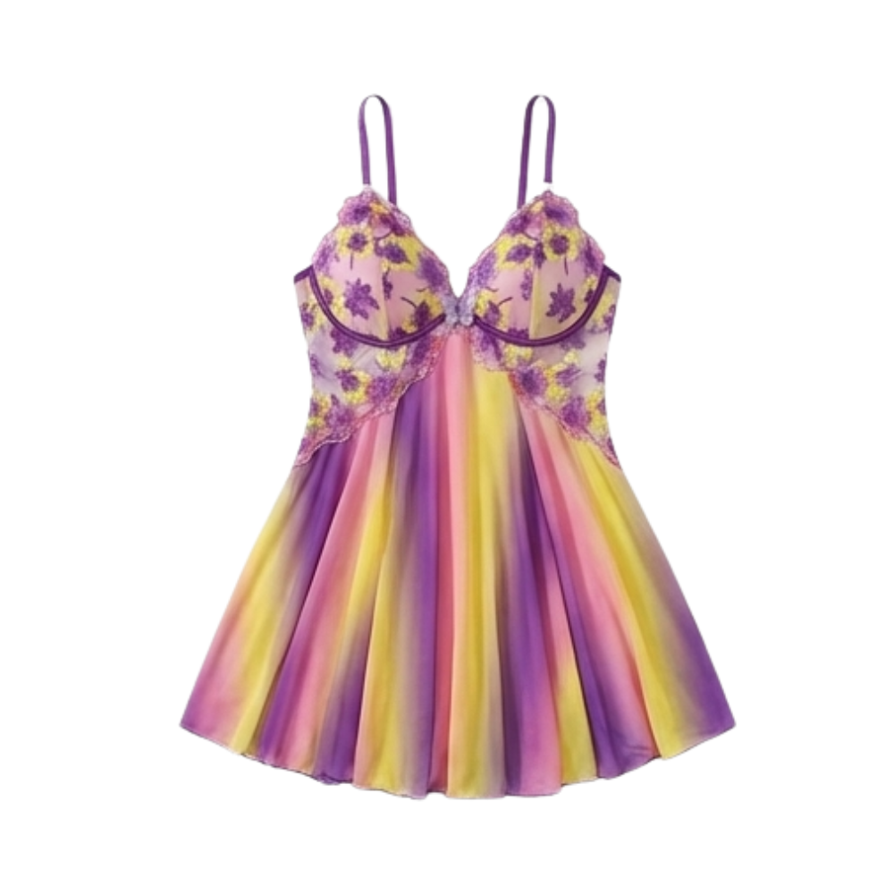 Floressa – Dam broderad natt skjorta babydoll z kwiatowym wzorem