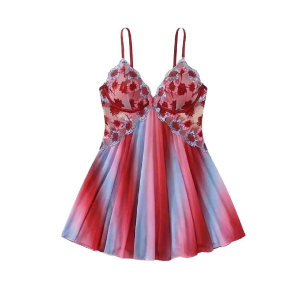 Floressa – Dam broderad natt skjorta babydoll z kwiatowym wzorem