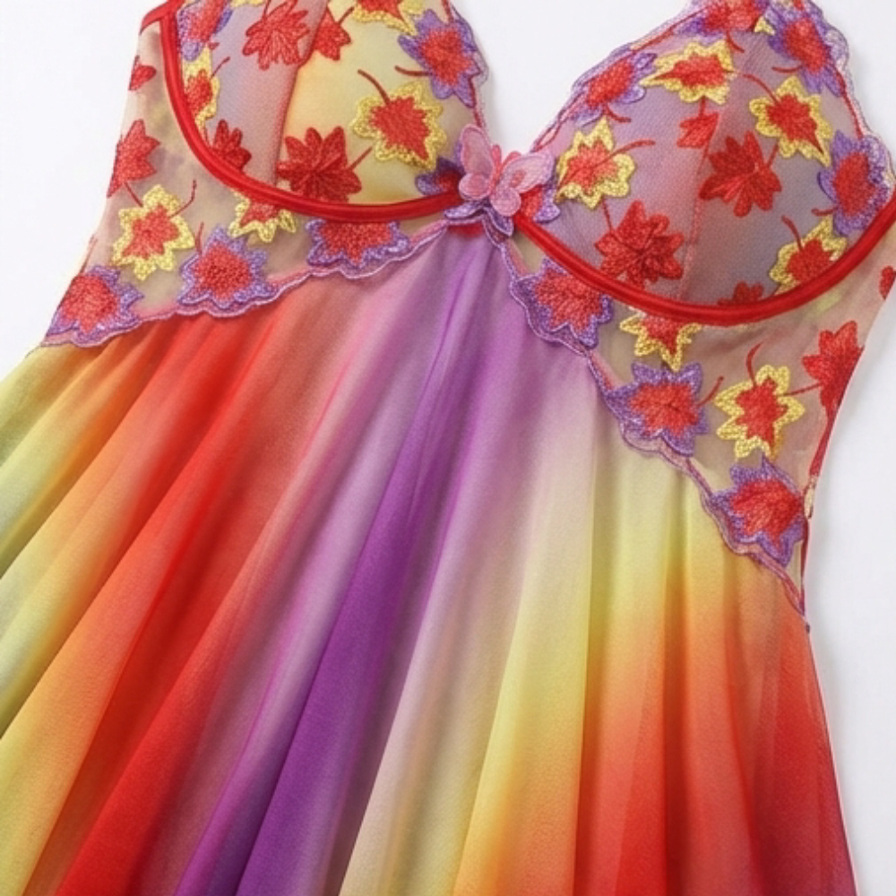 Floressa – Dam broderad natt skjorta babydoll z kwiatowym wzorem