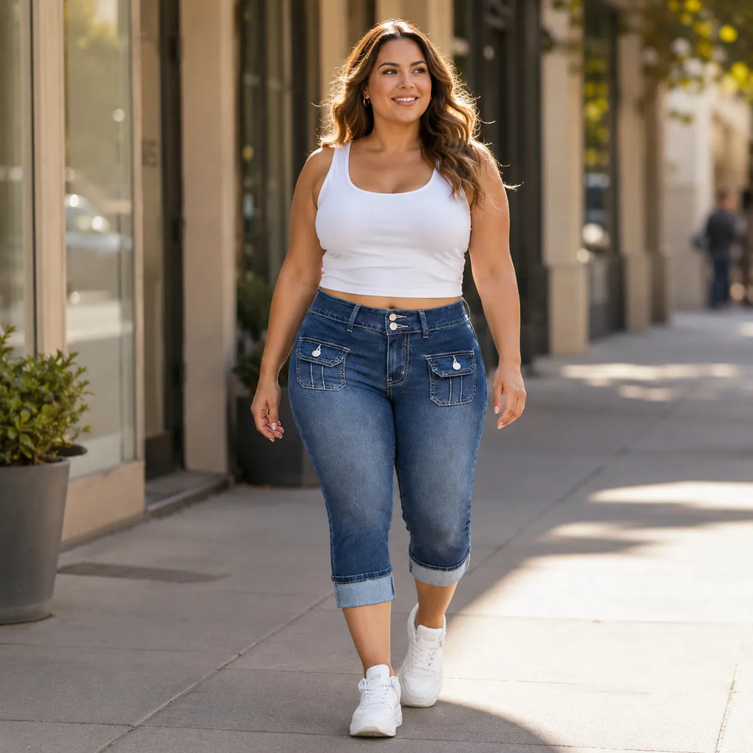 Curvella – Jeans Capri w krągłym kroju, elastiska hur dżins, średni stan, z mankietem