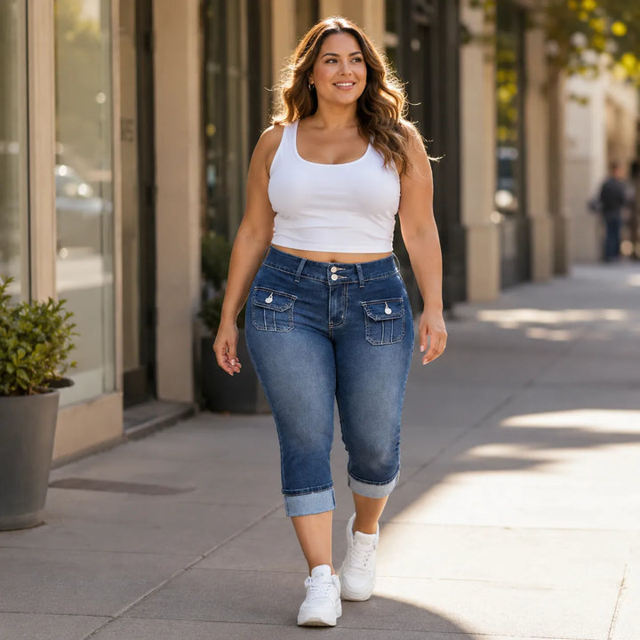 Curvella – Jeans Capri w krągłym kroju, elastiska hur dżins, średni stan, z mankietem