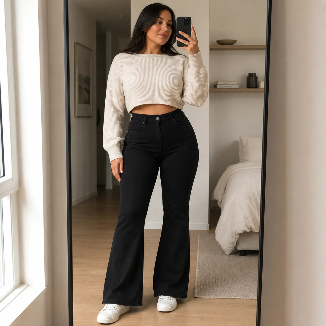 Curvella – Jeans med hög midja, stretchiga i dzwonowe för kvinnor, podnoszące pośladki