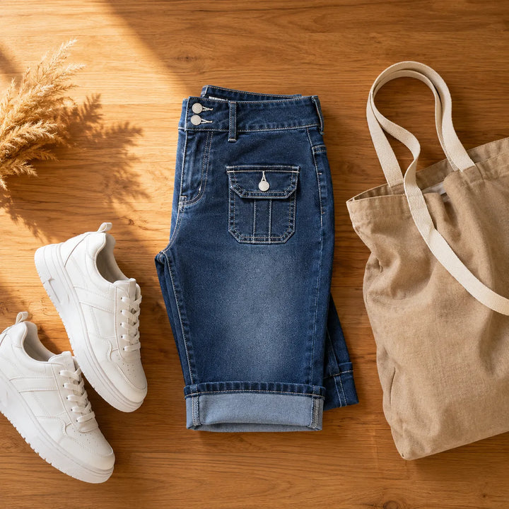 Curvella – Jeans Capri w krągłym kroju, elastiska hur dżins, średni stan, z mankietem