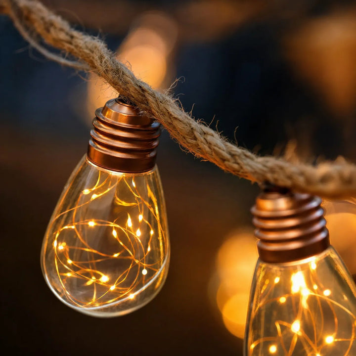Glowvine – Słoneczne Lampki z Liny Konopnej z Vintage Żarówkami LED