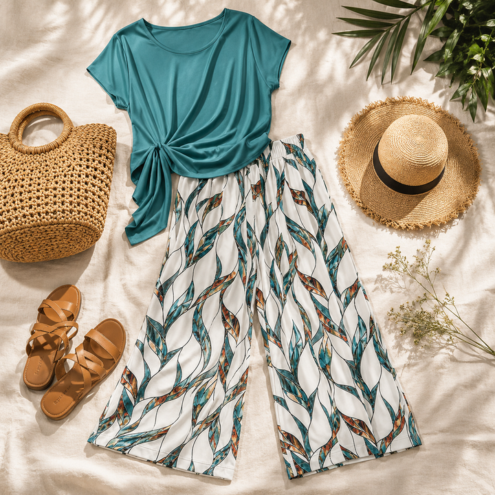 Lunaria – Kobieca blus z wiązaniem på sidan i breda byxor w liście