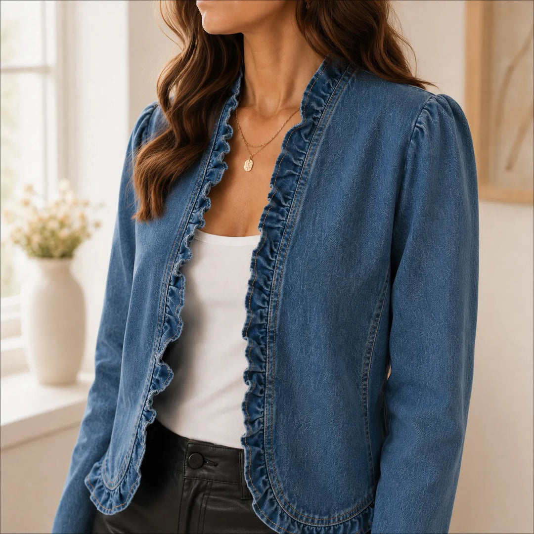 Florelle – Kurtka dam z falbankami i otwartym przodem w stilu dżinsowym