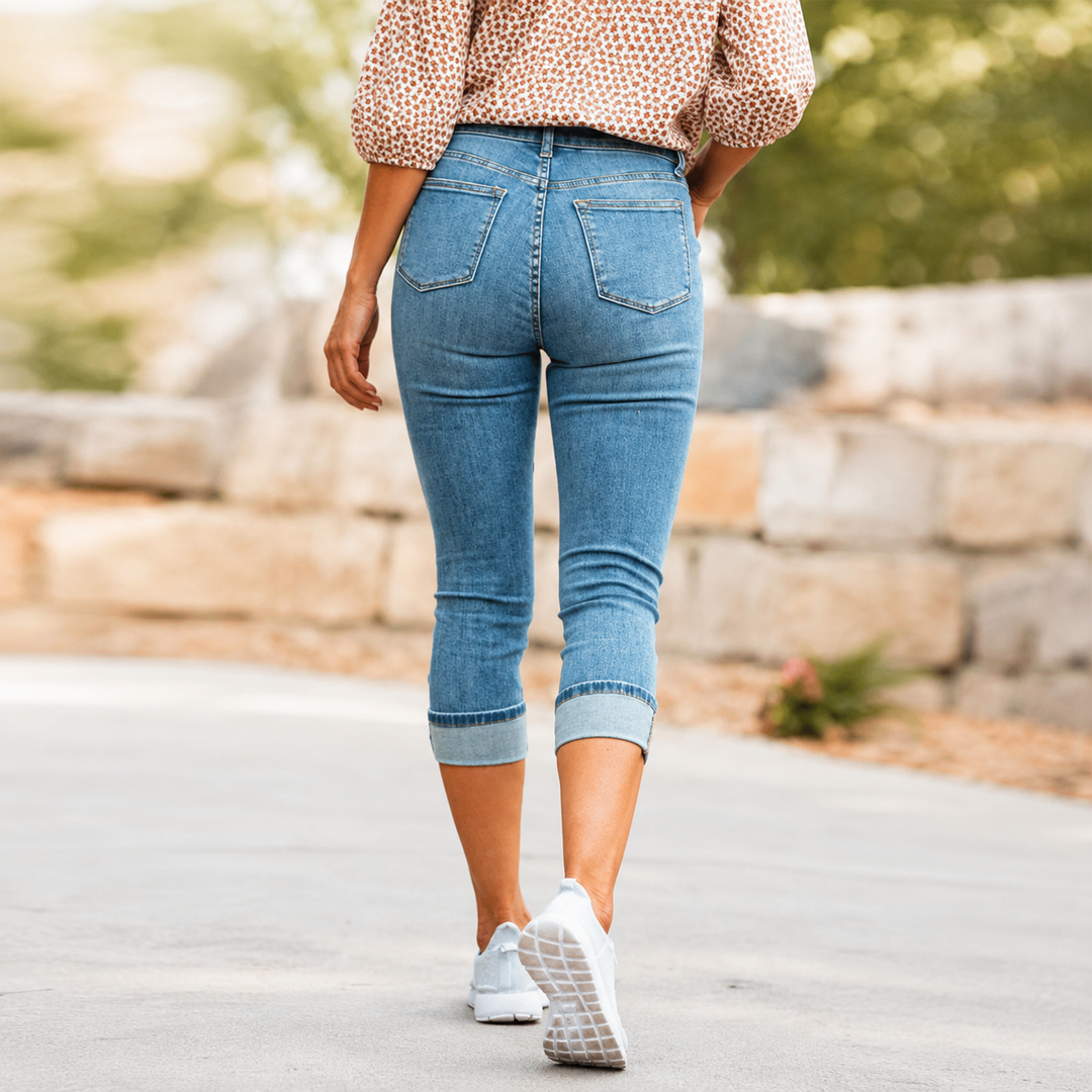 Cuffova – Dam jeansy capri med hög midja i mankietami