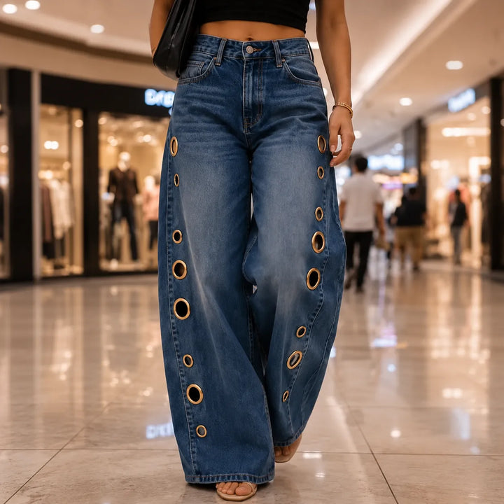 Velmora – Jeans z vida ben z mosiężnymi oczkami efter bokach, Hög stan