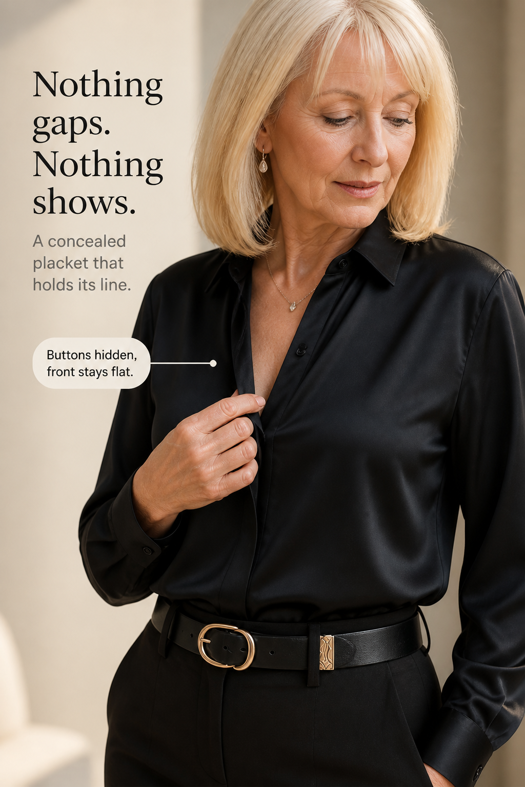 Placket &amp; Poise – Blus z ukrytym stängning, satynowa, med lång ärm