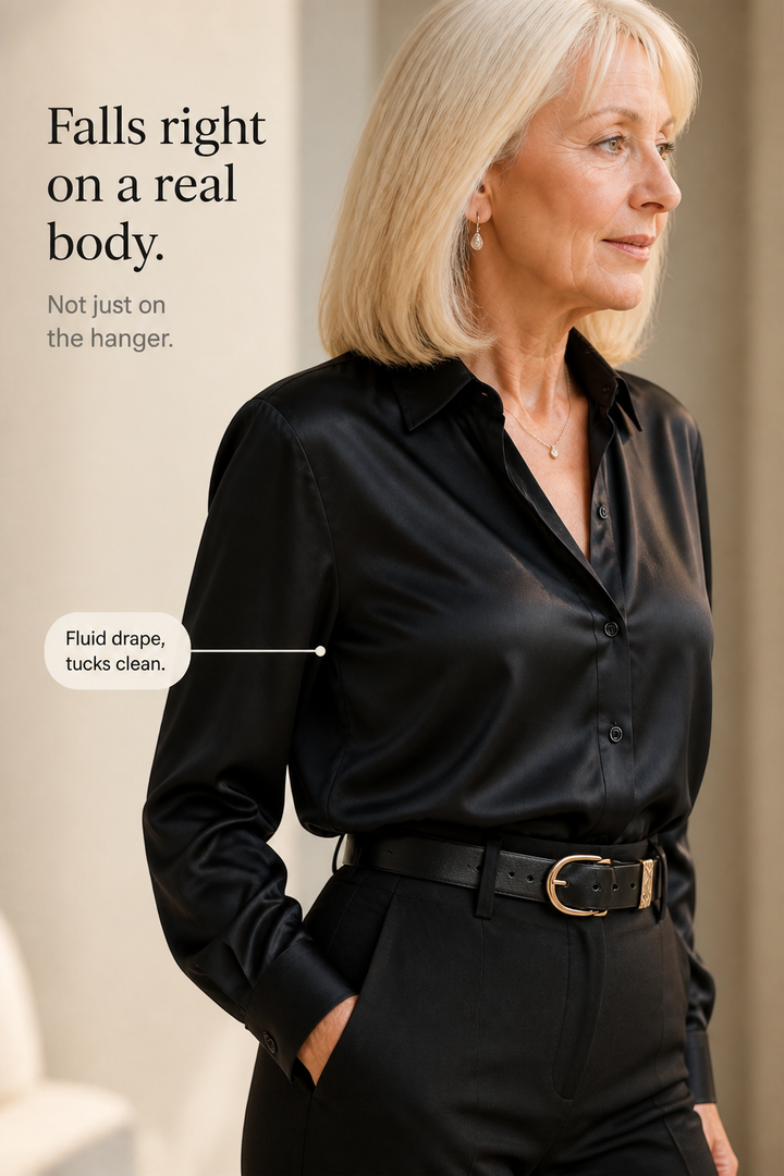 Placket &amp; Poise – Blus z ukrytym stängning, satynowa, med lång ärm