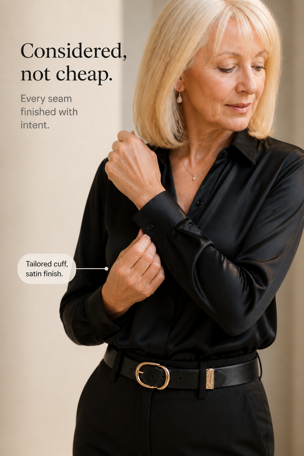 Placket &amp; Poise – Blus z ukrytym stängning, satynowa, med lång ärm