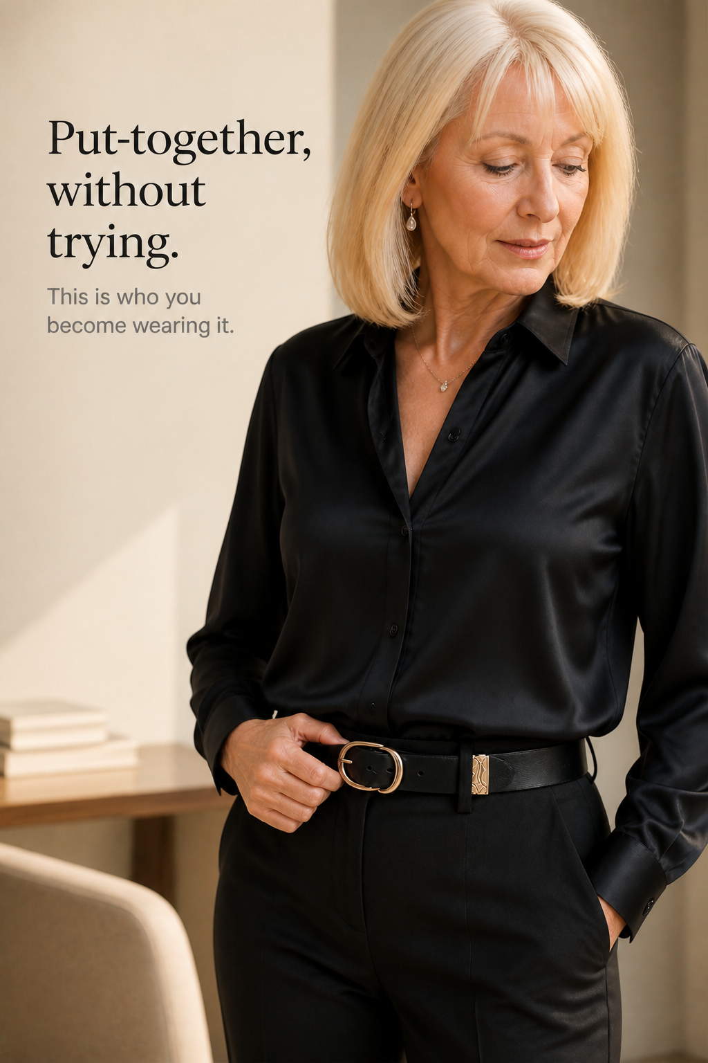 Placket &amp; Poise – Blus z ukrytym stängning, satynowa, med lång ärm
