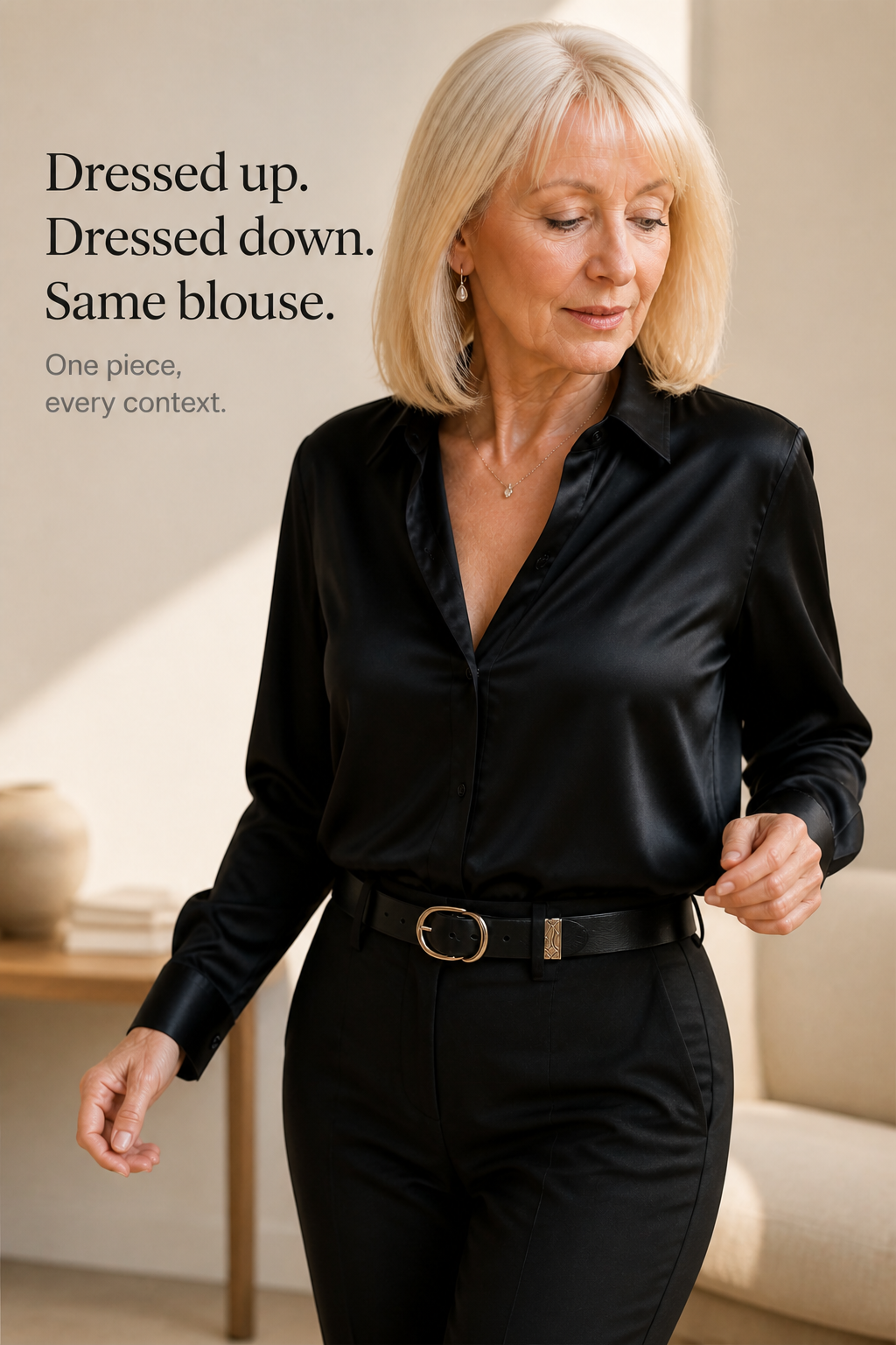 Placket &amp; Poise – Blus z ukrytym stängning, satynowa, med lång ärm