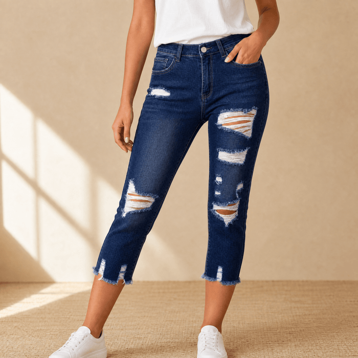 Delina – Dam jeansy capri z miękkiej bawełny z postrzępionym dołem