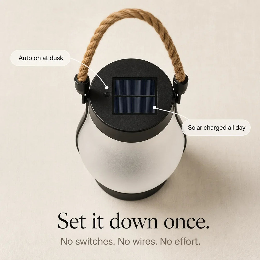 Lumvera – Nordycka Lampa Solarno z Efektem Płomienia i Uchwytem z Liny