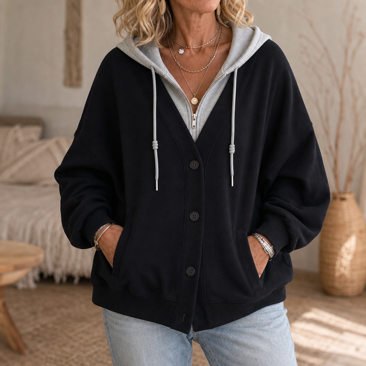 Layerelle – Färgowy Blokowany Hoodie z Faux-Warstwą i Urringning w V-ringning