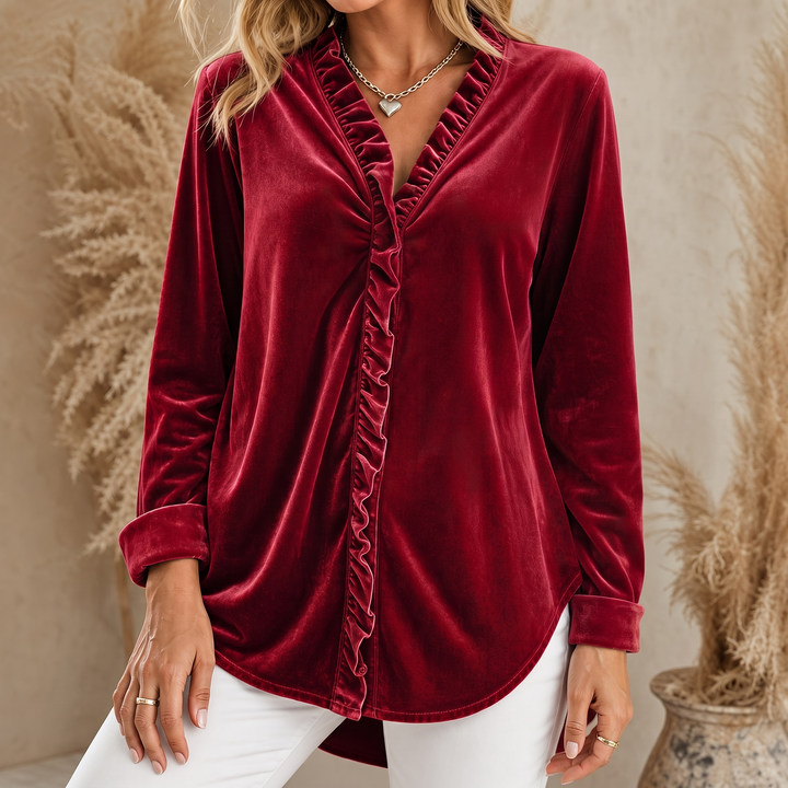 Rufflet – Blus z weluru z falbaniastym urringning i form av litery V