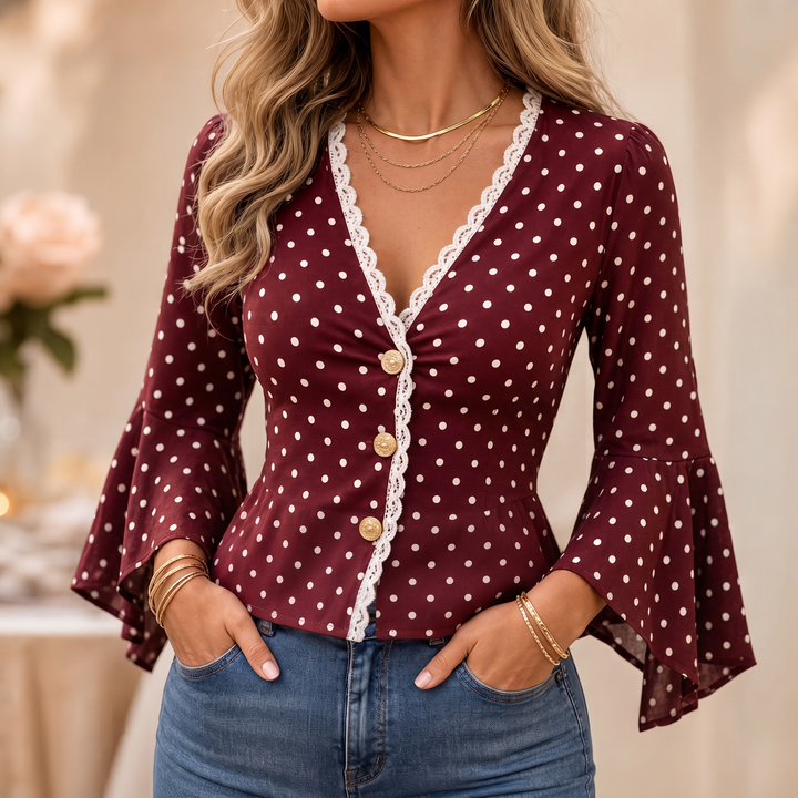 Lacelyn – Blus z koronkowymi wstawkami i wzorem w kropki