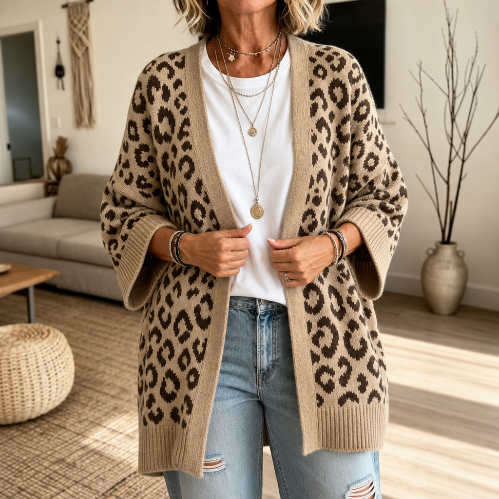 Léofur – Kofta z dzianiny w leopardmönster z otwartym przodem