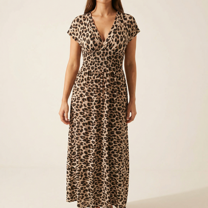 Vivara – Klänning maxi w leoparda z marszczonym band
