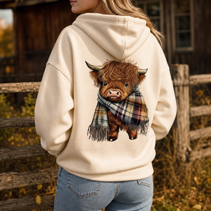 Highland Hearth – Tröja z kapturem z polarem w środku z grafiką Highland Cow