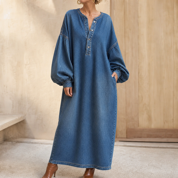 Denimelle – Lång klänning maxi w stilu dżinsowym med lång ärm