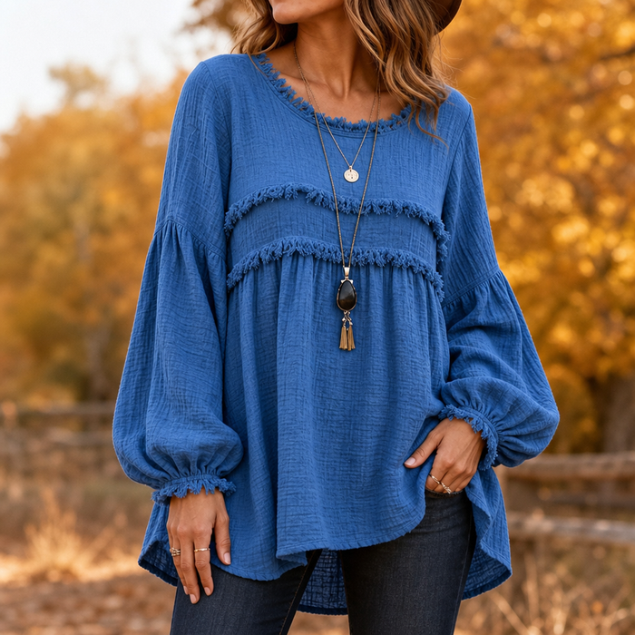 Wovella – Blus Boho z Falbanką i Plisowanymi RęKaffemi
