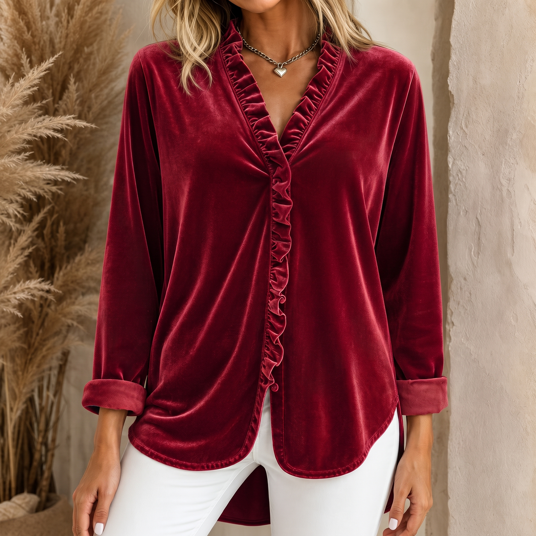 Rufflet – Blus z weluru z falbaniastym urringning i form av litery V