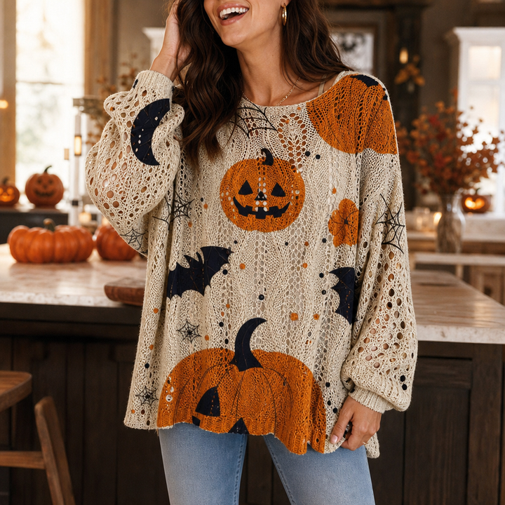 Harvestknit – Tröja z intarsjami w dynie i nietoperze