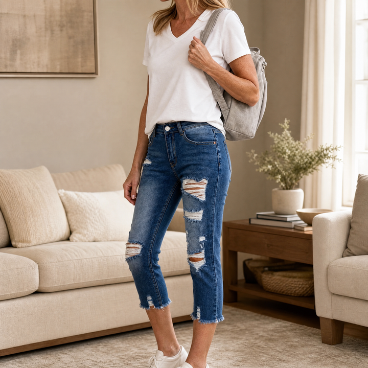 Delina – Dam jeansy capri z miękkiej bawełny z postrzępionym dołem
