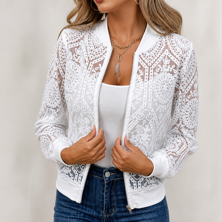 Laceleigh – Transparent bomberka z spets w kwiaty
