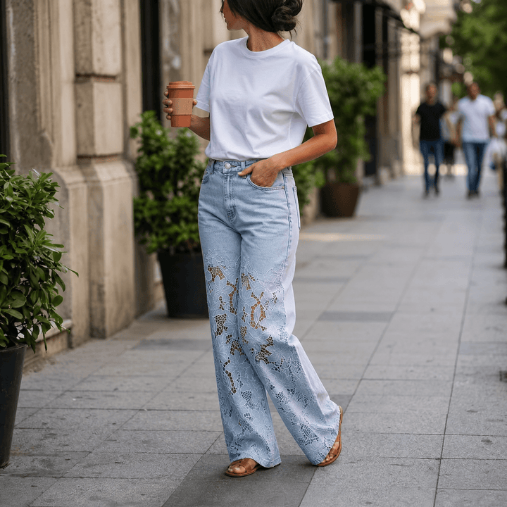 Laceveil – Dam jeans z koronkowymi wstawkami w kwiaty, vida ben