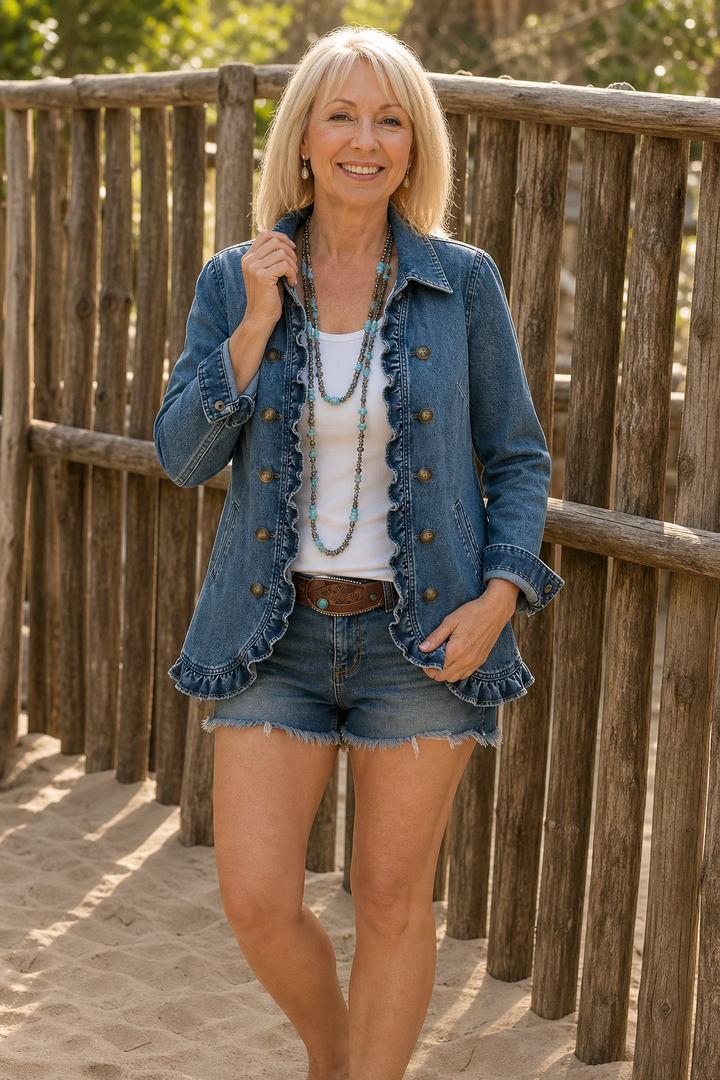 Wearbella – Dwurzędowa kurtka dżinsowa z falbanami