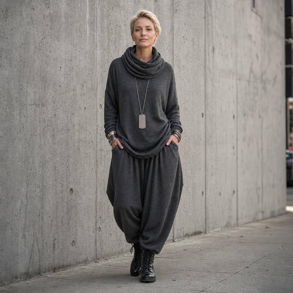 Pinstripe Poise – Set z Drapowanym Topem z Hög Urringning i Spodniami i form av Latarni