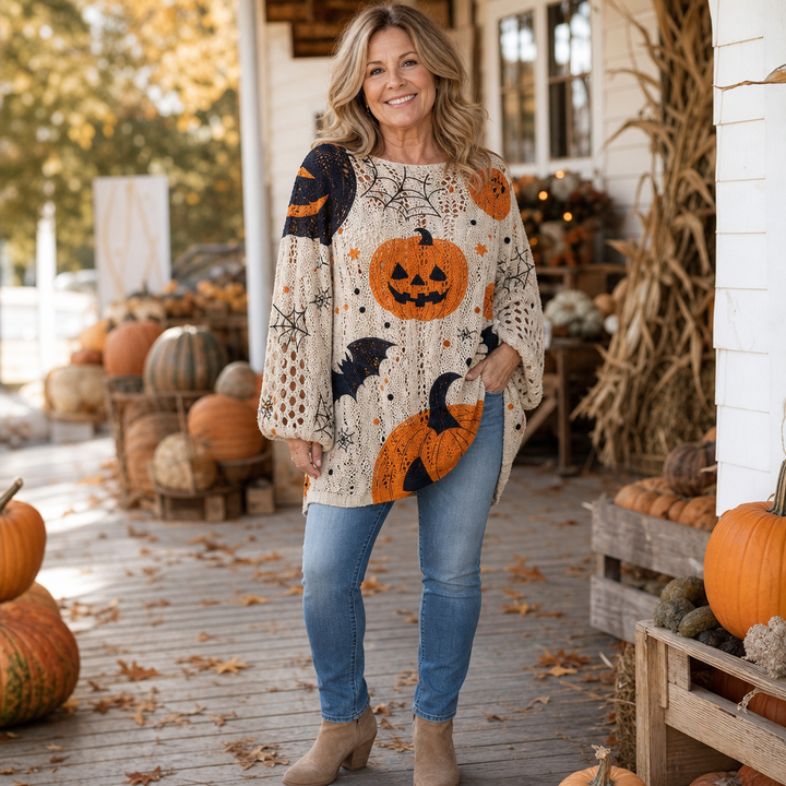 Harvestknit – Tröja z intarsjami w dynie i nietoperze