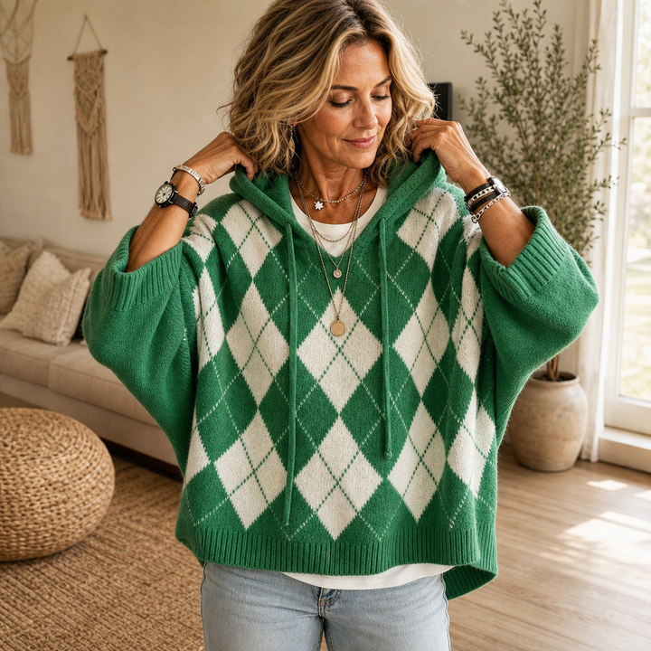 Wrapbella – Tröja Poncho z Kapturem w Mönster Argyle
